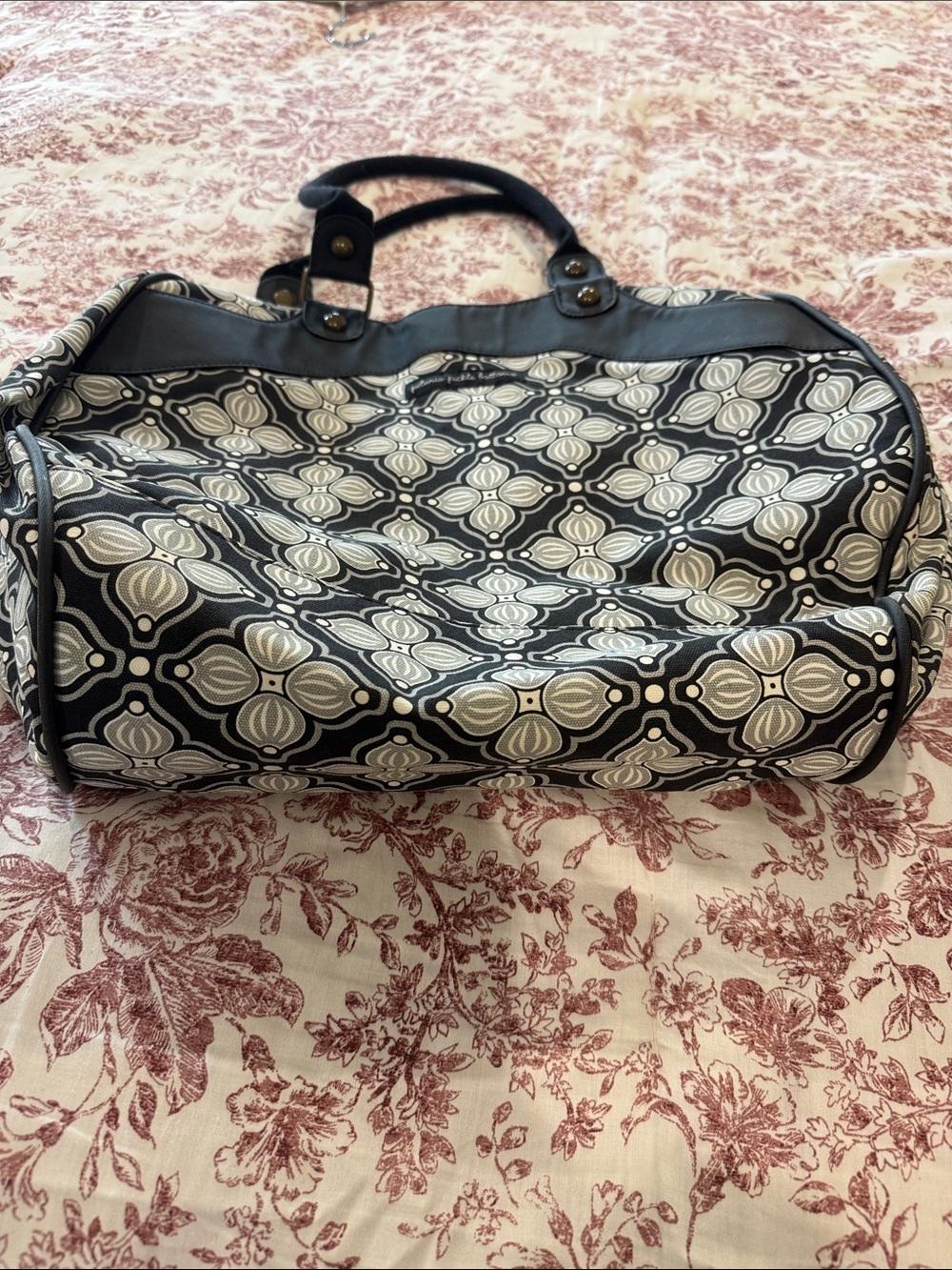 Petunia Pickle Bottom Black and Cream Patterned weekender bag.